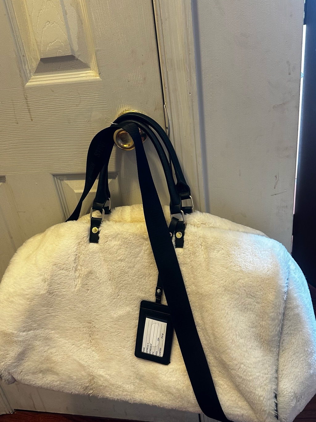 Steve Madden White Faux Fur Travel Weekender With Black Straps